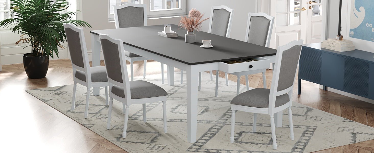 TOPMAX Rustic 7 - Piece 78.1inch Extendable Dining Table Set with 18inch Removable Leaf, 6 Upholstered Dining Chairs, 2 Built - in Drawers, Dark Gray+White - 1st Choice Furniture Direct