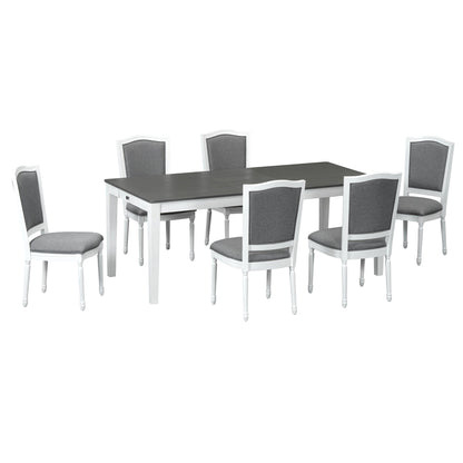 TOPMAX Rustic 7 - Piece 78.1inch Extendable Dining Table Set with 18inch Removable Leaf, 6 Upholstered Dining Chairs, 2 Built - in Drawers, Dark Gray+White - 1st Choice Furniture Direct