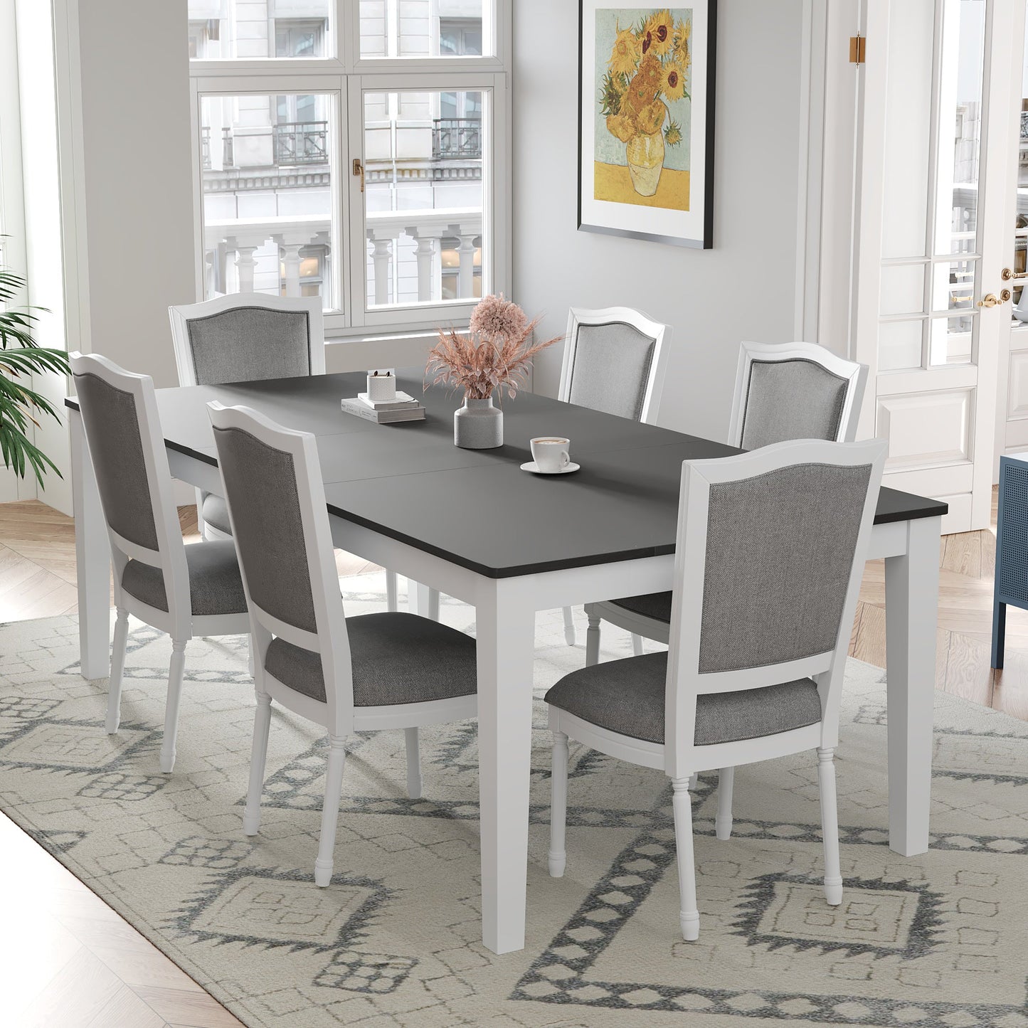 TOPMAX Rustic 7 - Piece 78.1inch Extendable Dining Table Set with 18inch Removable Leaf, 6 Upholstered Dining Chairs, 2 Built - in Drawers, Dark Gray+White - 1st Choice Furniture Direct