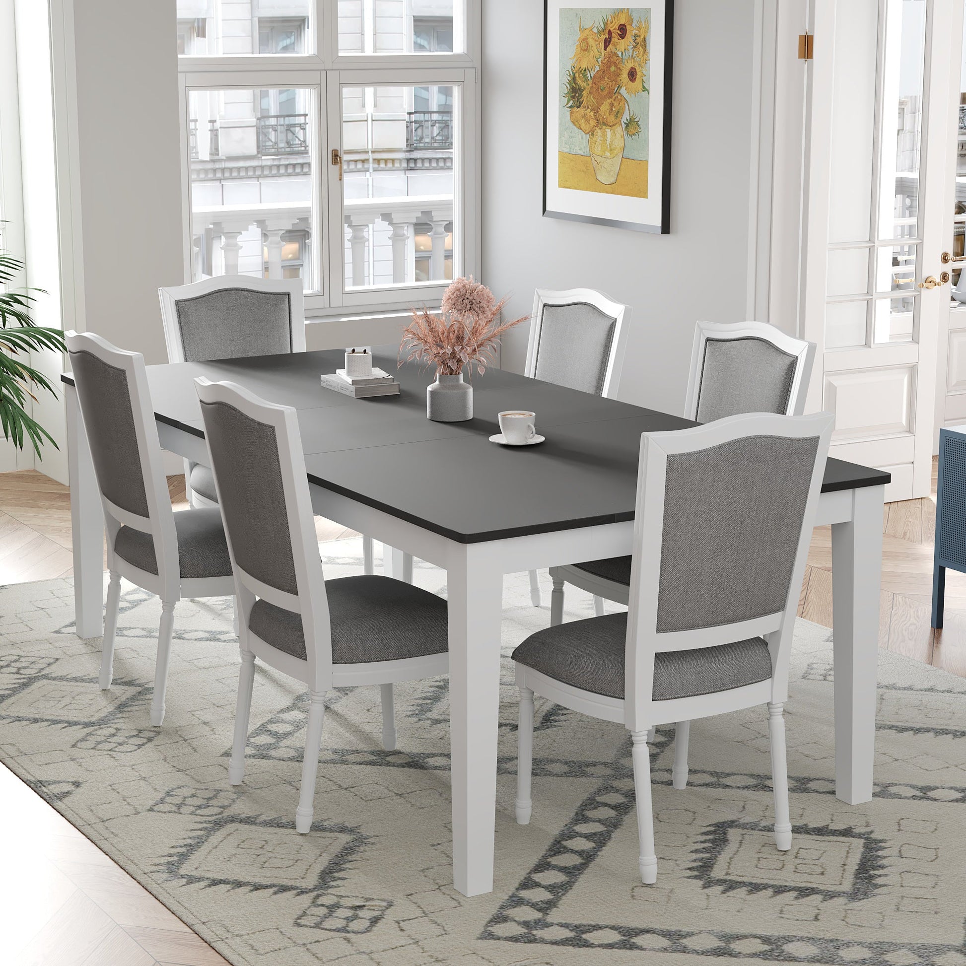 TOPMAX Rustic 7 - Piece 78.1inch Extendable Dining Table Set with 18inch Removable Leaf, 6 Upholstered Dining Chairs, 2 Built - in Drawers, Dark Gray+White - 1st Choice Furniture Direct