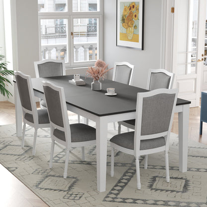 TOPMAX Rustic 7 - Piece 78.1inch Extendable Dining Table Set with 18inch Removable Leaf, 6 Upholstered Dining Chairs, 2 Built - in Drawers, Dark Gray+White - 1st Choice Furniture Direct