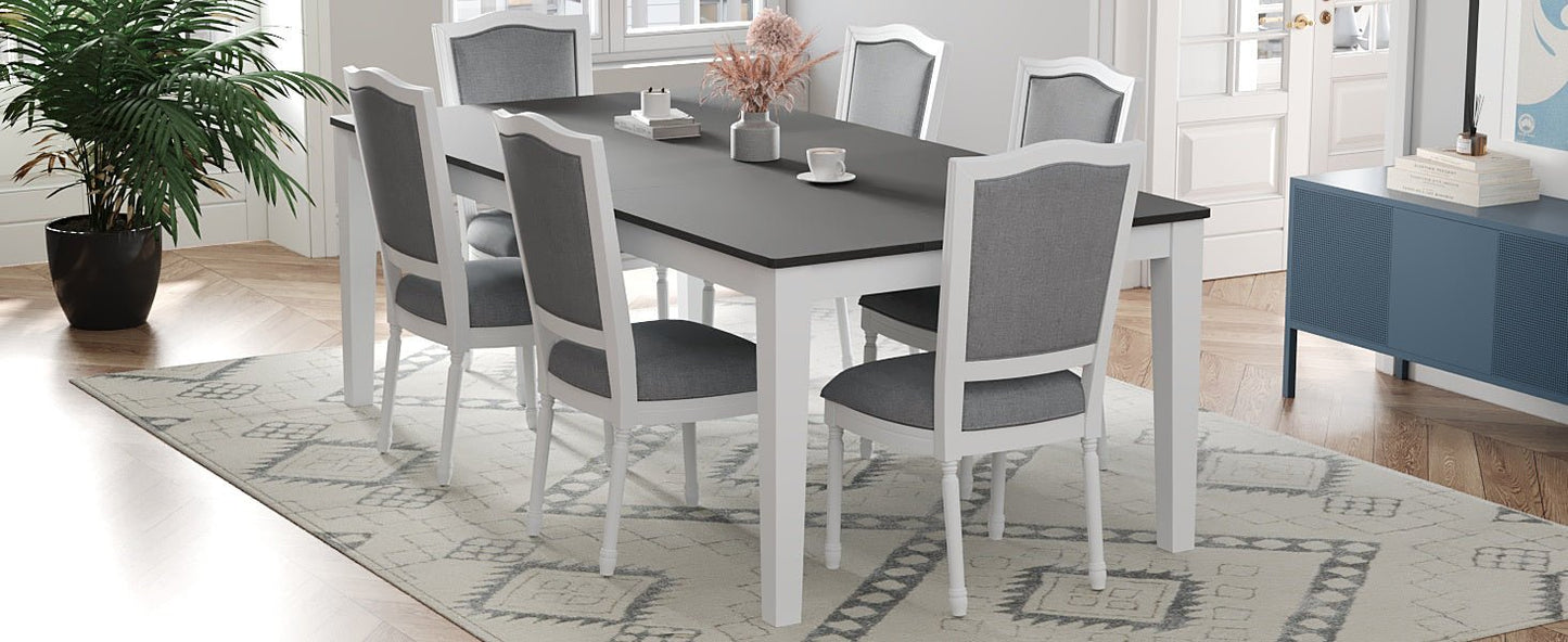 TOPMAX Rustic 7 - Piece 78.1inch Extendable Dining Table Set with 18inch Removable Leaf, 6 Upholstered Dining Chairs, 2 Built - in Drawers, Dark Gray+White - 1st Choice Furniture Direct