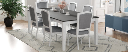 TOPMAX Rustic 7 - Piece 78.1inch Extendable Dining Table Set with 18inch Removable Leaf, 6 Upholstered Dining Chairs, 2 Built - in Drawers, Dark Gray+White - 1st Choice Furniture Direct