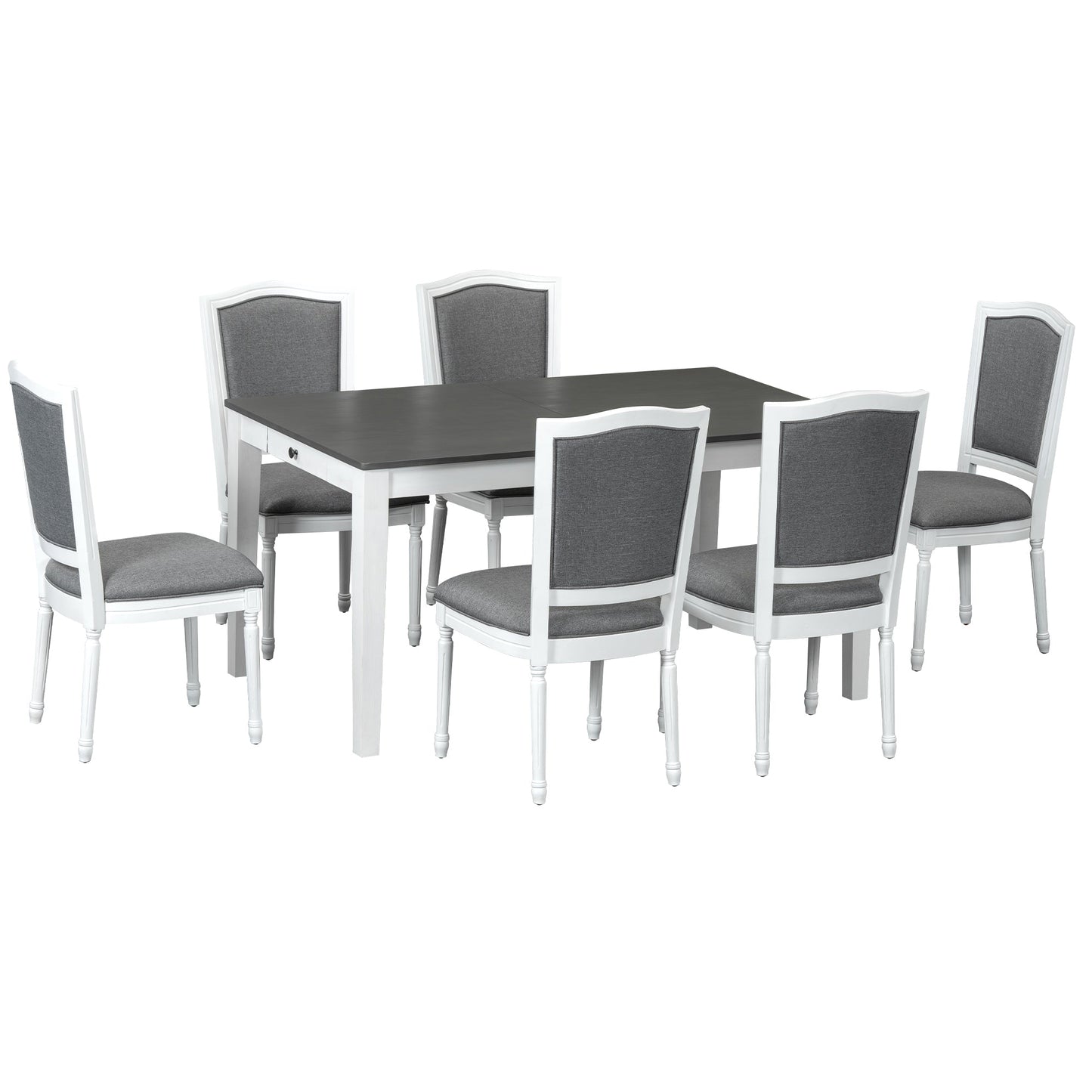 TOPMAX Rustic 7 - Piece 78.1inch Extendable Dining Table Set with 18inch Removable Leaf, 6 Upholstered Dining Chairs, 2 Built - in Drawers, Dark Gray+White - 1st Choice Furniture Direct