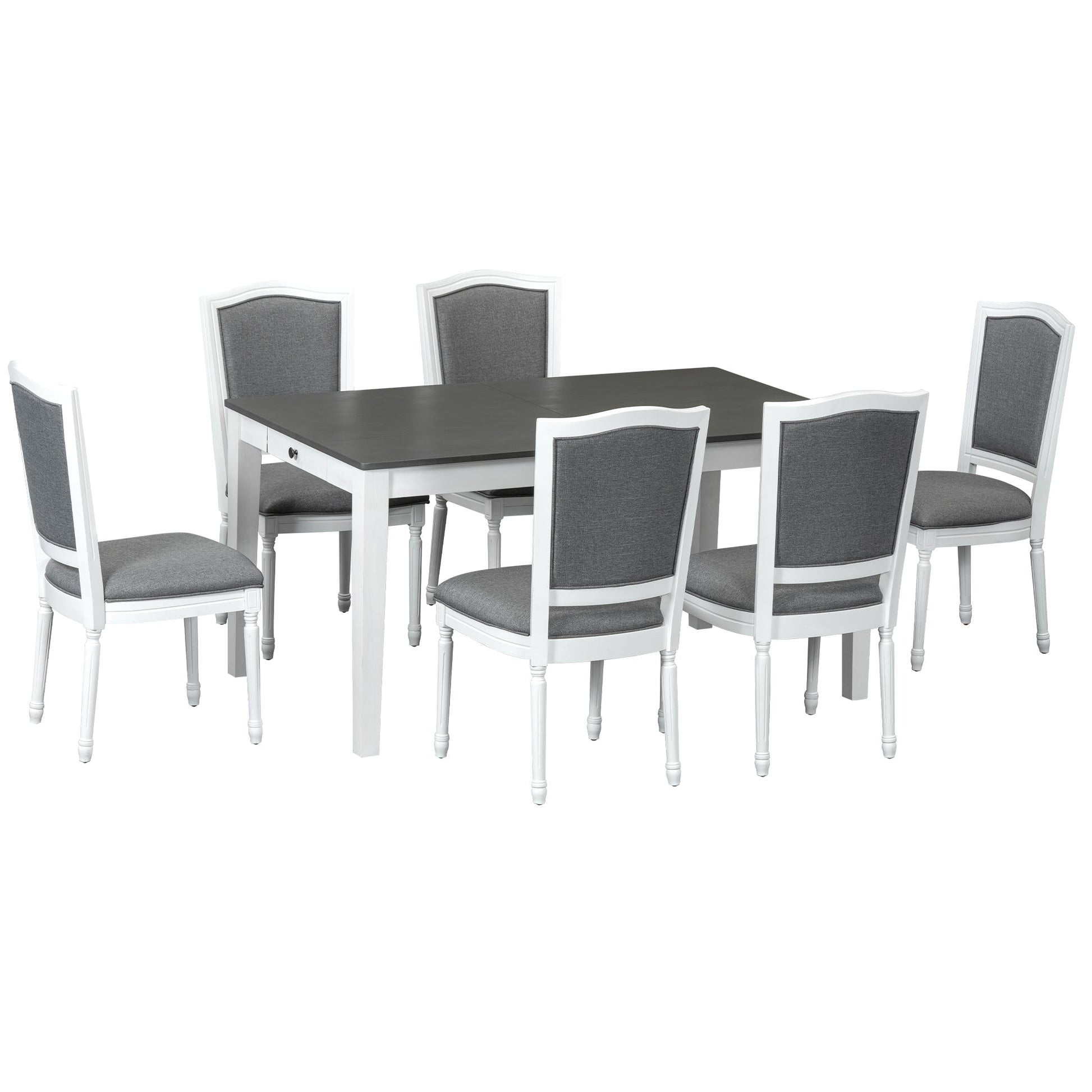 TOPMAX Rustic 7 - Piece 78.1inch Extendable Dining Table Set with 18inch Removable Leaf, 6 Upholstered Dining Chairs, 2 Built - in Drawers, Dark Gray+White - 1st Choice Furniture Direct