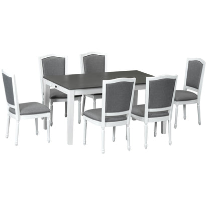 TOPMAX Rustic 7 - Piece 78.1inch Extendable Dining Table Set with 18inch Removable Leaf, 6 Upholstered Dining Chairs, 2 Built - in Drawers, Dark Gray+White - 1st Choice Furniture Direct