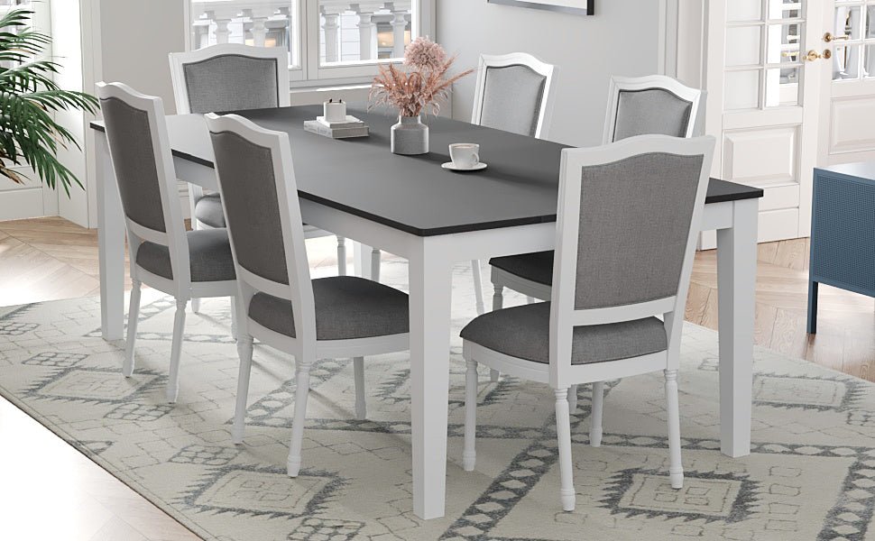 TOPMAX Rustic 7 - Piece 78.1inch Extendable Dining Table Set with 18inch Removable Leaf, 6 Upholstered Dining Chairs, 2 Built - in Drawers, Dark Gray+White - 1st Choice Furniture Direct