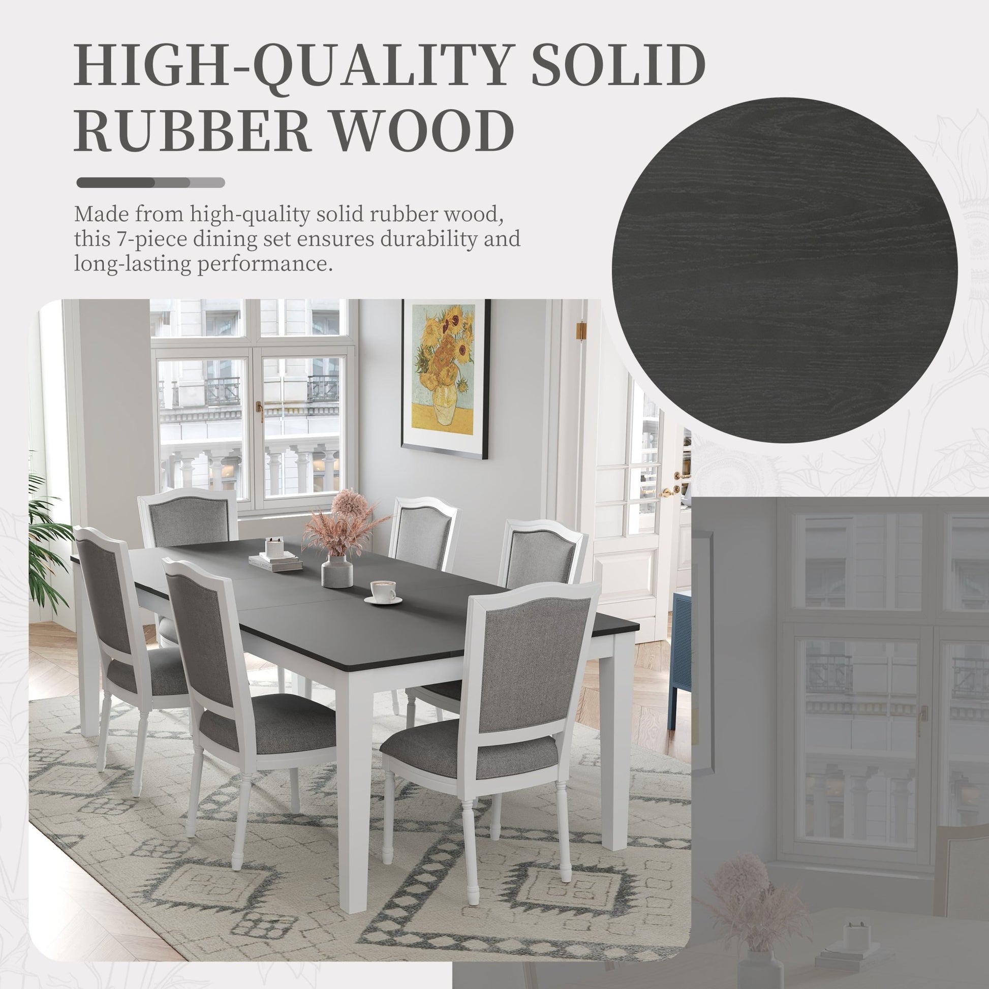 TOPMAX Rustic 7 - Piece 78.1inch Extendable Dining Table Set with 18inch Removable Leaf, 6 Upholstered Dining Chairs, 2 Built - in Drawers, Dark Gray+White - 1st Choice Furniture Direct