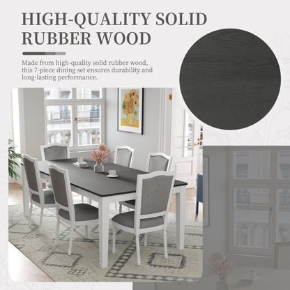 TOPMAX Rustic 7 - Piece 78.1inch Extendable Dining Table Set with 18inch Removable Leaf, 6 Upholstered Dining Chairs, 2 Built - in Drawers, Dark Gray+White - 1st Choice Furniture Direct
