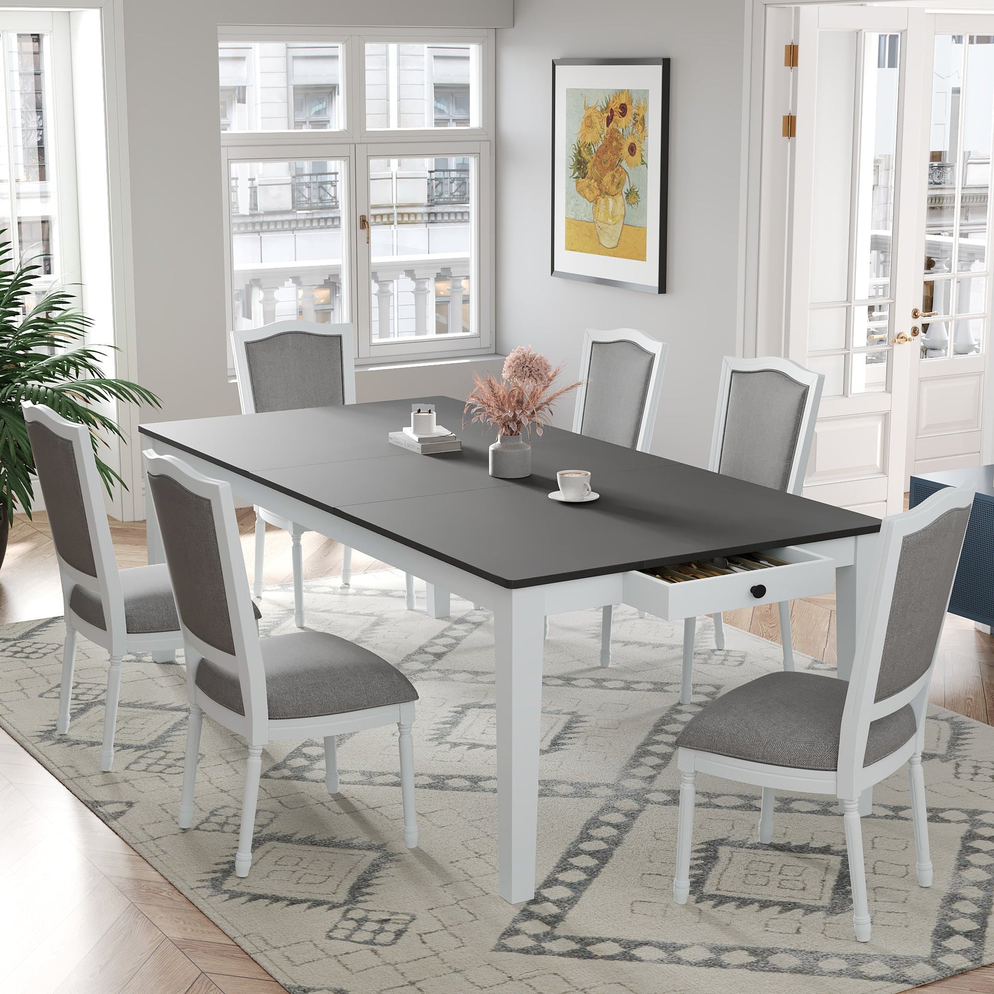 TOPMAX Rustic 7 - Piece 78.1inch Extendable Dining Table Set with 18inch Removable Leaf, 6 Upholstered Dining Chairs, 2 Built - in Drawers, Dark Gray+White - 1st Choice Furniture Direct