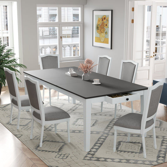 TOPMAX Rustic 7 - Piece 78.1inch Extendable Dining Table Set with 18inch Removable Leaf, 6 Upholstered Dining Chairs, 2 Built - in Drawers, Dark Gray+White - 1st Choice Furniture Direct