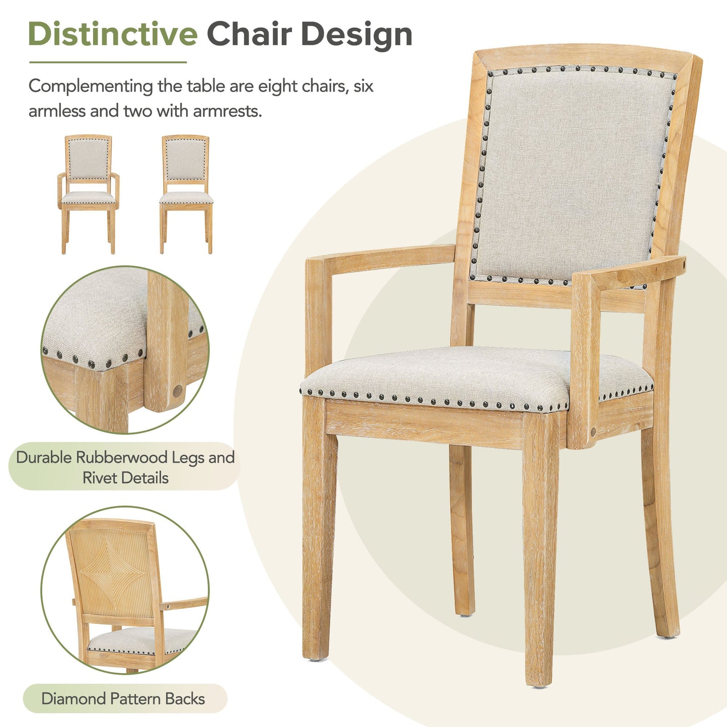 TOPMAX Rustic Extendable Dining Table Set with Removable Leaf, 6 Upholstered Armless Dining Chairs and 2 Padded Arm Chairs, Natural - 1st Choice Furniture Direct