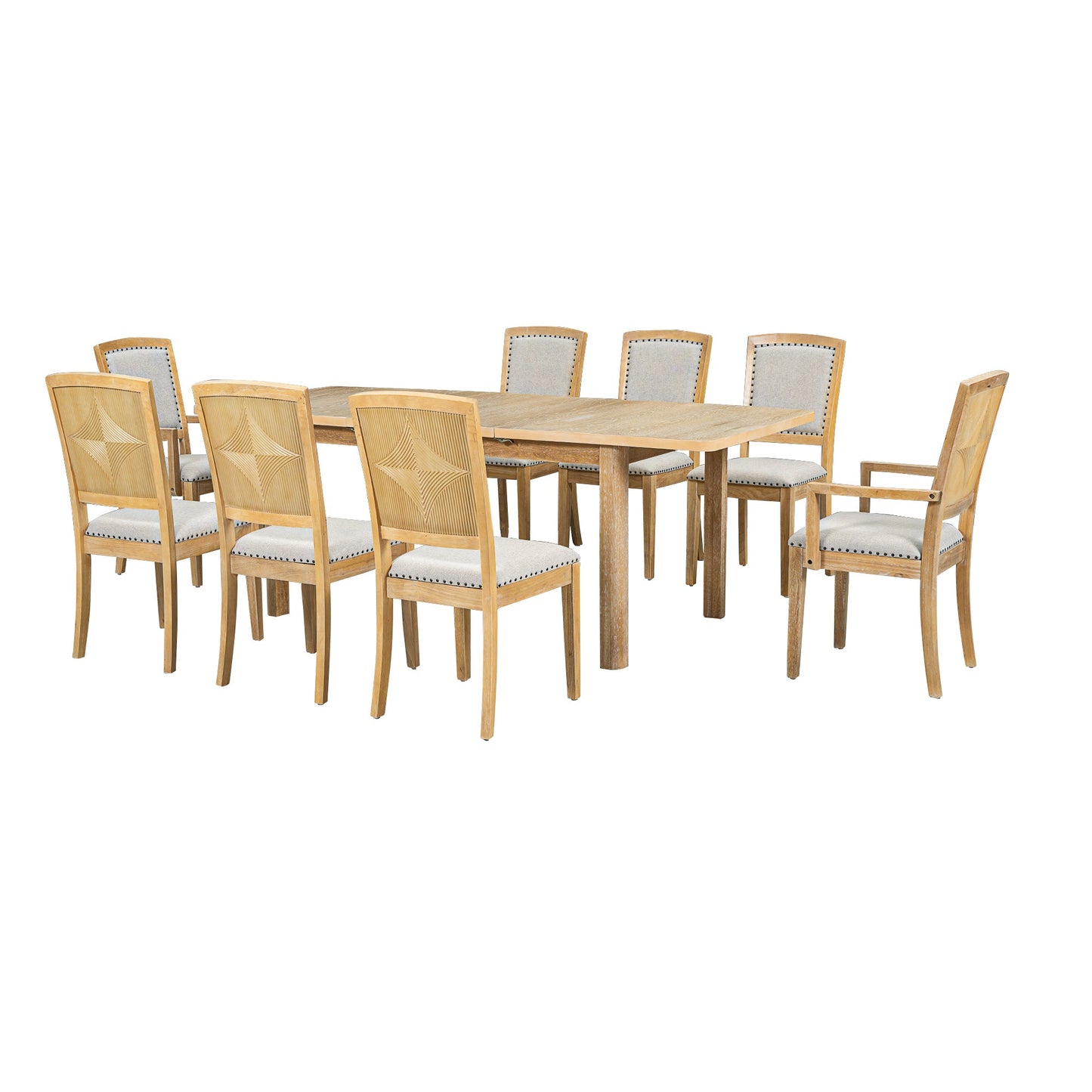 TOPMAX Rustic Extendable Dining Table Set with Removable Leaf, 6 Upholstered Armless Dining Chairs and 2 Padded Arm Chairs, Natural - 1st Choice Furniture Direct