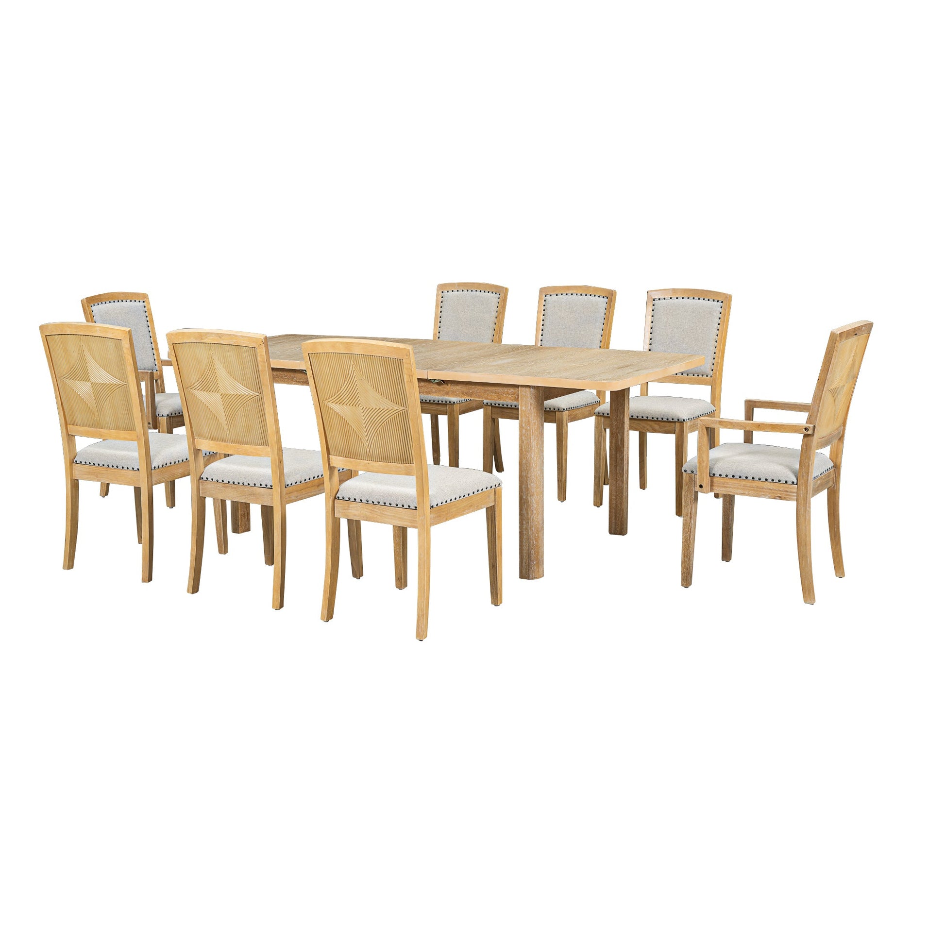 TOPMAX Rustic Extendable Dining Table Set with Removable Leaf, 6 Upholstered Armless Dining Chairs and 2 Padded Arm Chairs, Natural - 1st Choice Furniture Direct