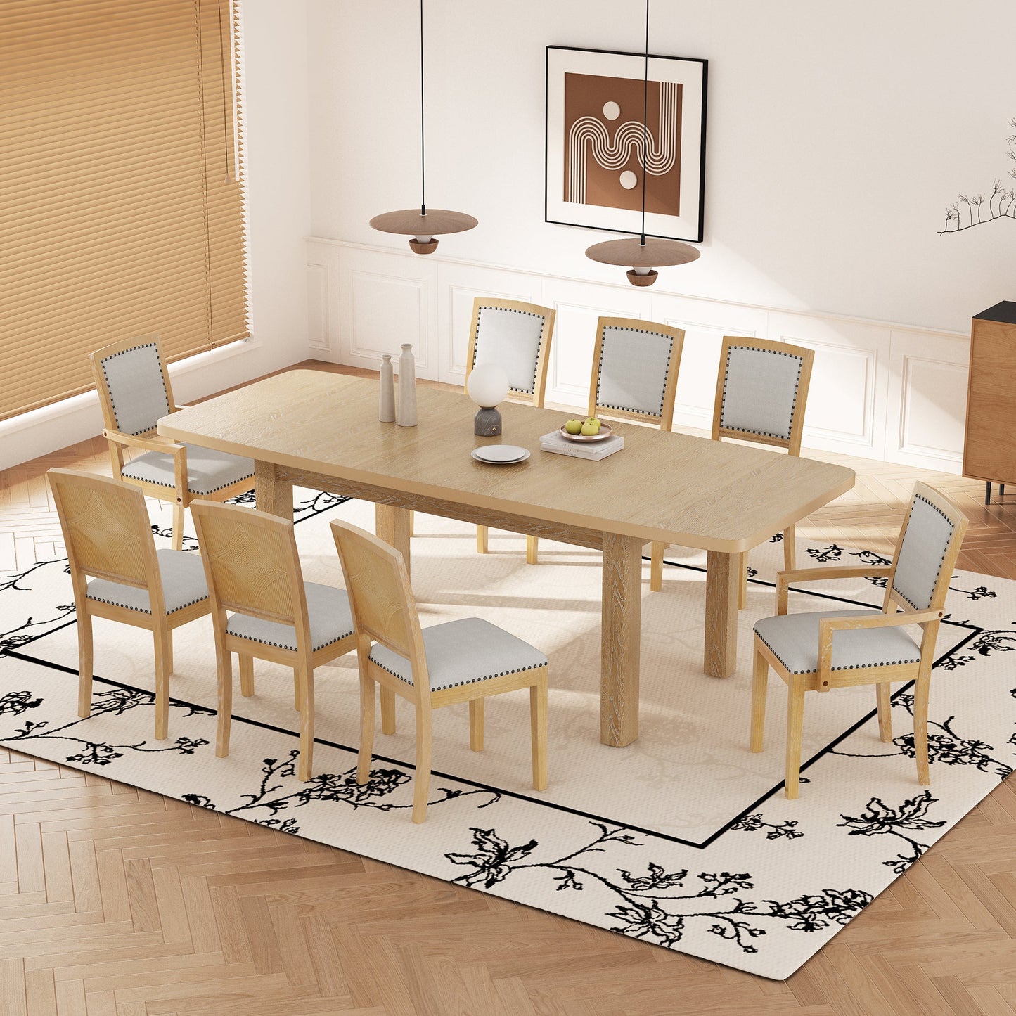 TOPMAX Rustic Extendable Dining Table Set with Removable Leaf, 6 Upholstered Armless Dining Chairs and 2 Padded Arm Chairs, Natural - 1st Choice Furniture Direct