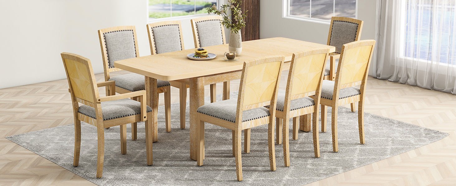 TOPMAX Rustic Extendable Dining Table Set with Removable Leaf, 6 Upholstered Armless Dining Chairs and 2 Padded Arm Chairs, Natural - 1st Choice Furniture Direct