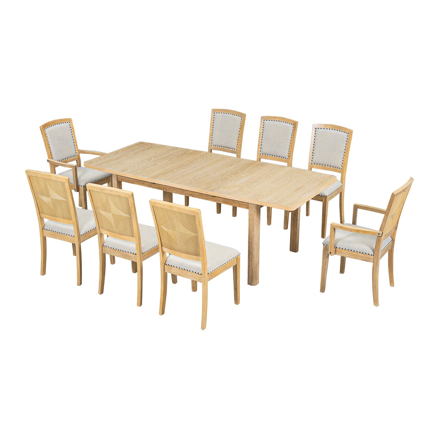 TOPMAX Rustic Extendable Dining Table Set with Removable Leaf, 6 Upholstered Armless Dining Chairs and 2 Padded Arm Chairs, Natural - 1st Choice Furniture Direct