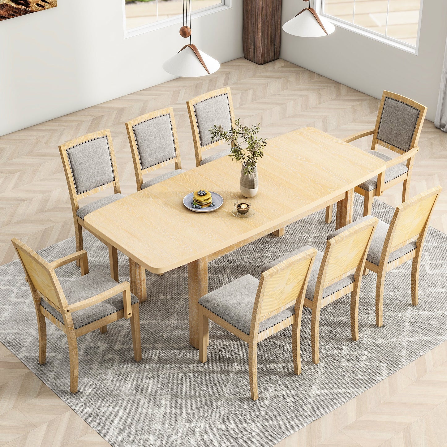 TOPMAX Rustic Extendable Dining Table Set with Removable Leaf, 6 Upholstered Armless Dining Chairs and 2 Padded Arm Chairs, Natural - 1st Choice Furniture Direct
