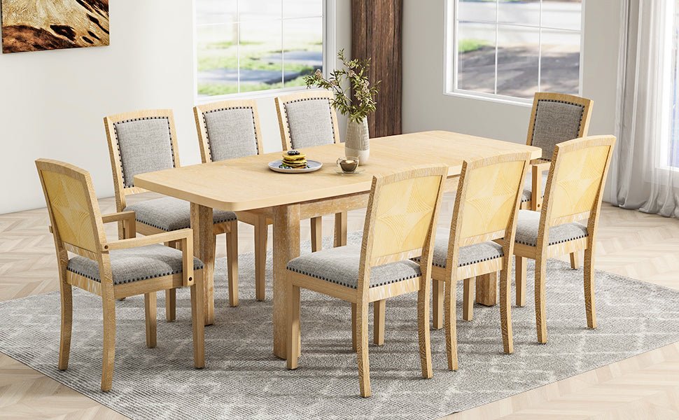 TOPMAX Rustic Extendable Dining Table Set with Removable Leaf, 6 Upholstered Armless Dining Chairs and 2 Padded Arm Chairs, Natural - 1st Choice Furniture Direct