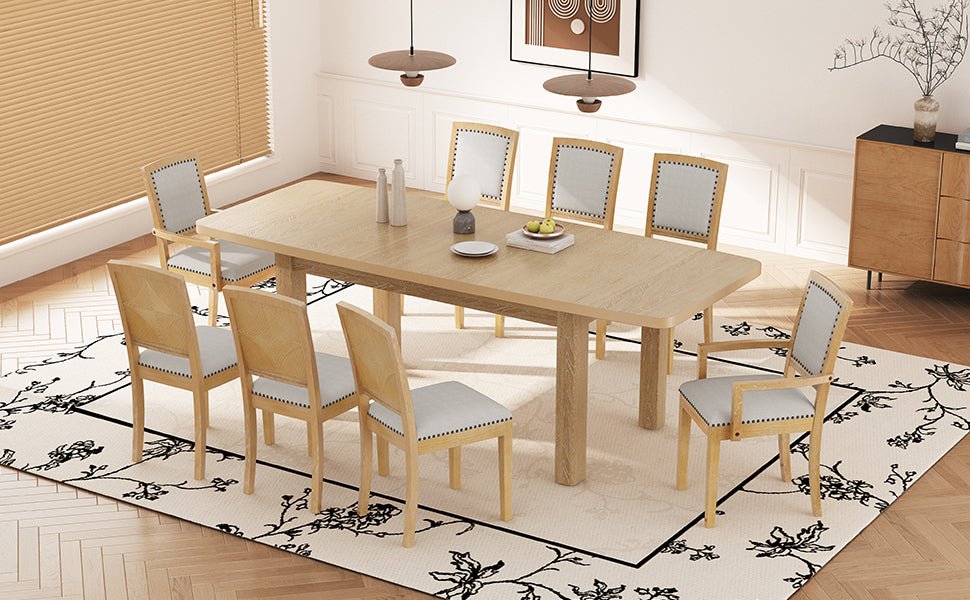 TOPMAX Rustic Extendable Dining Table Set with Removable Leaf, 6 Upholstered Armless Dining Chairs and 2 Padded Arm Chairs, Natural - 1st Choice Furniture Direct