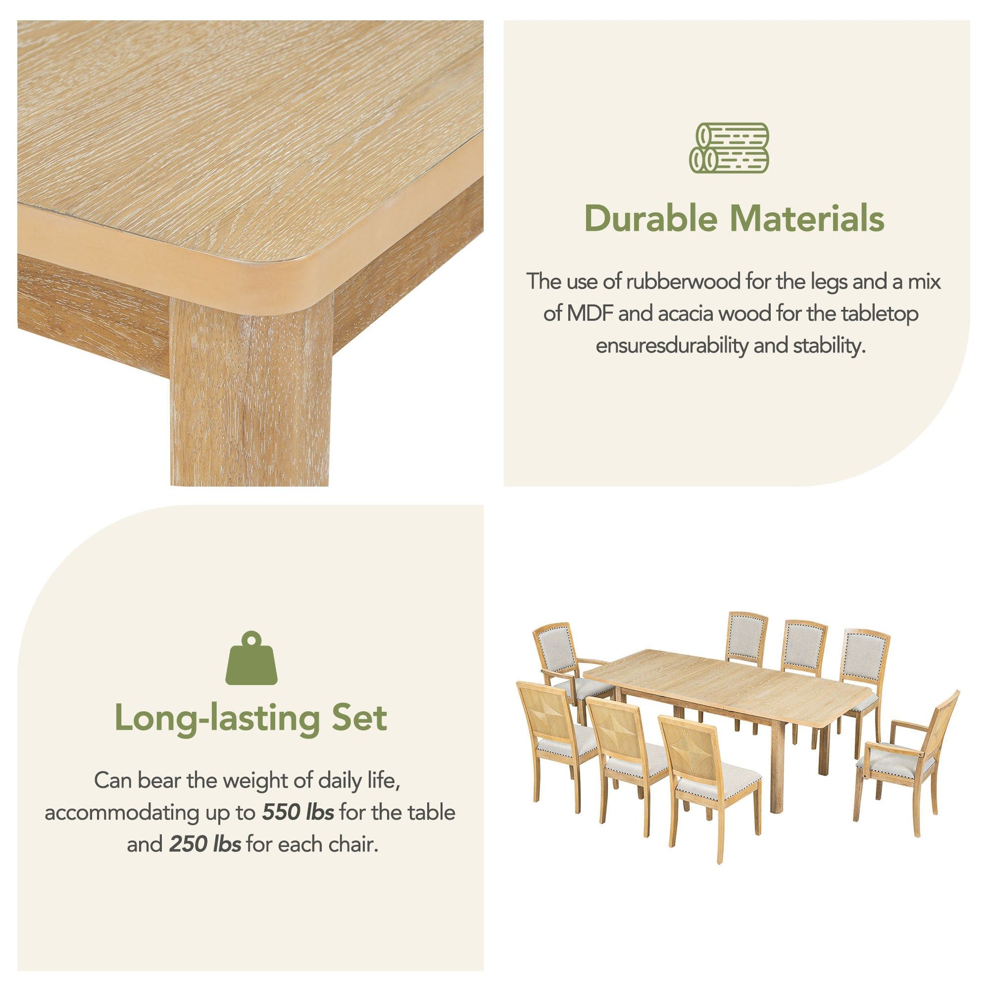 TOPMAX Rustic Extendable Dining Table Set with Removable Leaf, 6 Upholstered Armless Dining Chairs and 2 Padded Arm Chairs, Natural - 1st Choice Furniture Direct
