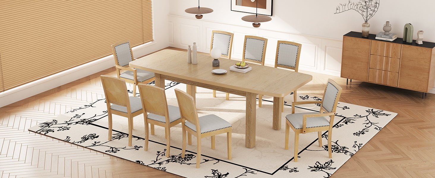 TOPMAX Rustic Extendable Dining Table Set with Removable Leaf, 6 Upholstered Armless Dining Chairs and 2 Padded Arm Chairs, Natural - 1st Choice Furniture Direct