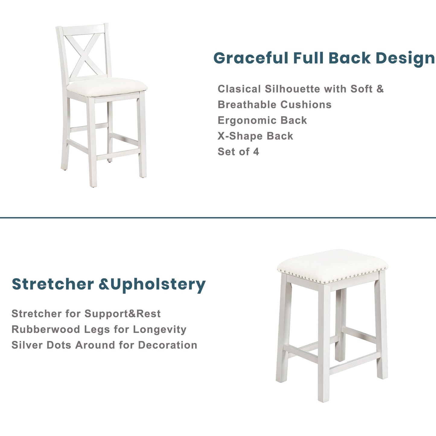 TOPMAX Rustic Farmhouse Dining Room Wooden Bar Table Set with Stools and Chairs, White, Rubberwood and MDF - 1st Choice Furniture Direct