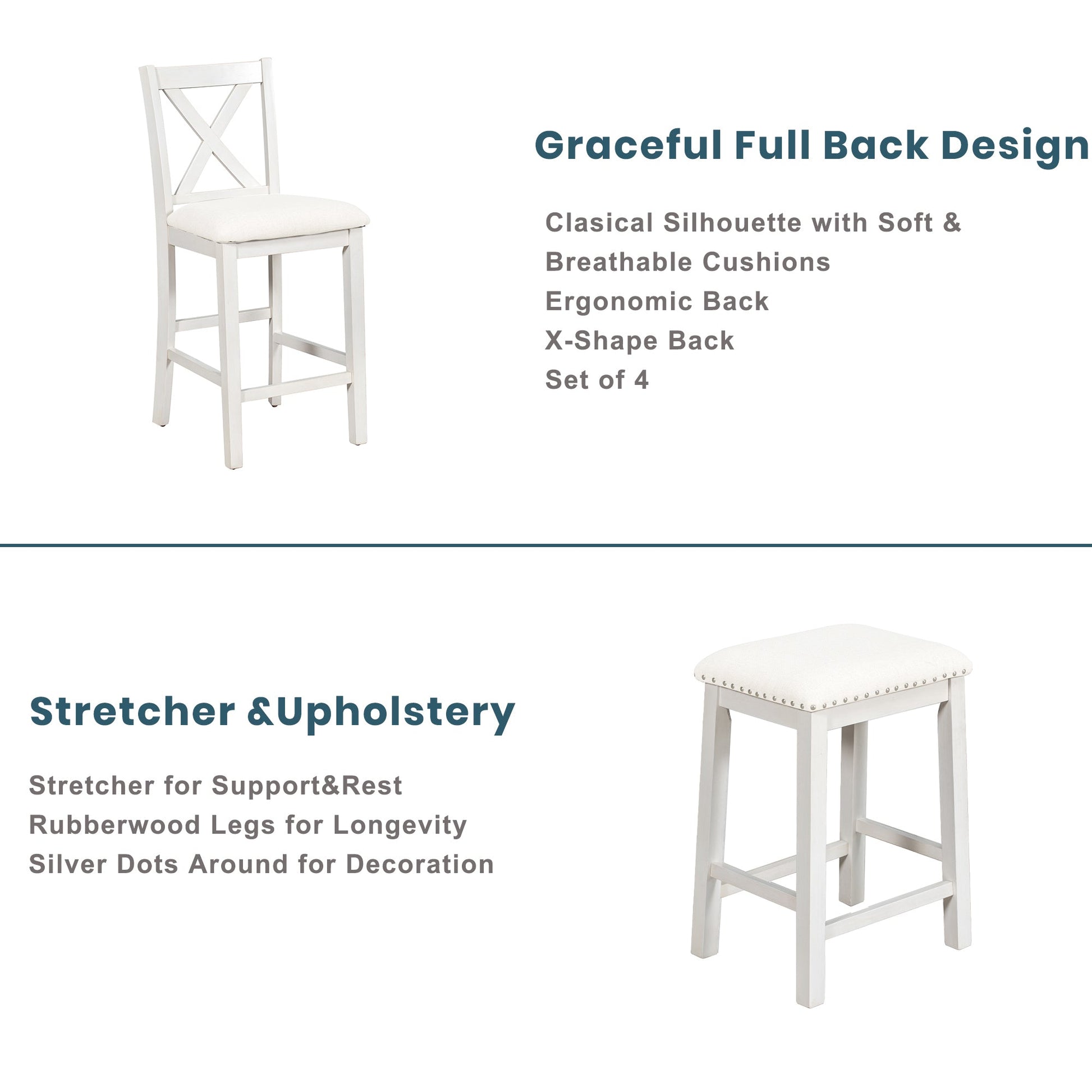 TOPMAX Rustic Farmhouse Dining Room Wooden Bar Table Set with Stools and Chairs, White, Rubberwood and MDF - 1st Choice Furniture Direct