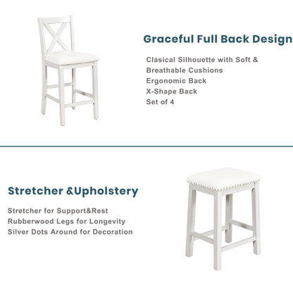 TOPMAX Rustic Farmhouse Dining Room Wooden Bar Table Set with Stools and Chairs, White, Rubberwood and MDF - 1st Choice Furniture Direct