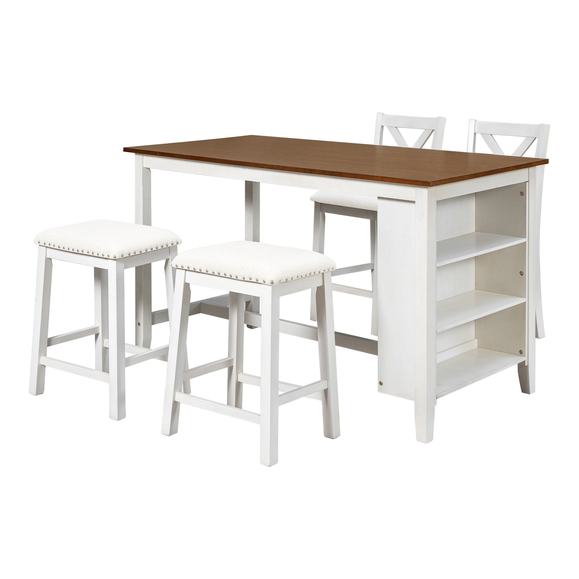 TOPMAX Rustic Farmhouse Dining Room Wooden Bar Table Set with Stools and Chairs, White, Rubberwood and MDF - 1st Choice Furniture Direct