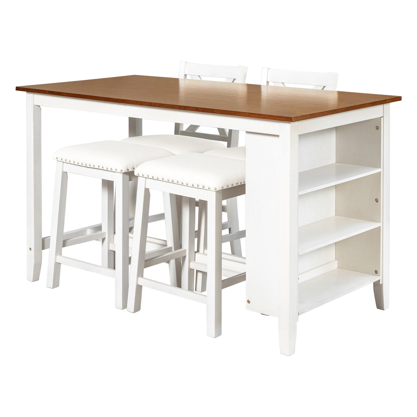 TOPMAX Rustic Farmhouse Dining Room Wooden Bar Table Set with Stools and Chairs, White, Rubberwood and MDF - 1st Choice Furniture Direct