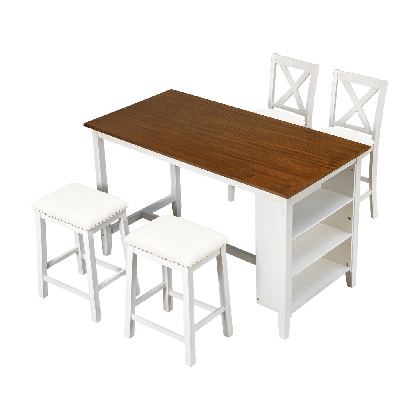 TOPMAX Rustic Farmhouse Dining Room Wooden Bar Table Set with Stools and Chairs, White, Rubberwood and MDF - 1st Choice Furniture Direct