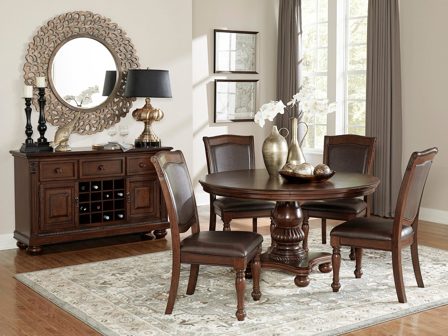 Traditional Dining Table 1pc Brown Cherry Finish Pedestal Base Round Table Dining Room Furniture - 1st Choice Furniture Direct