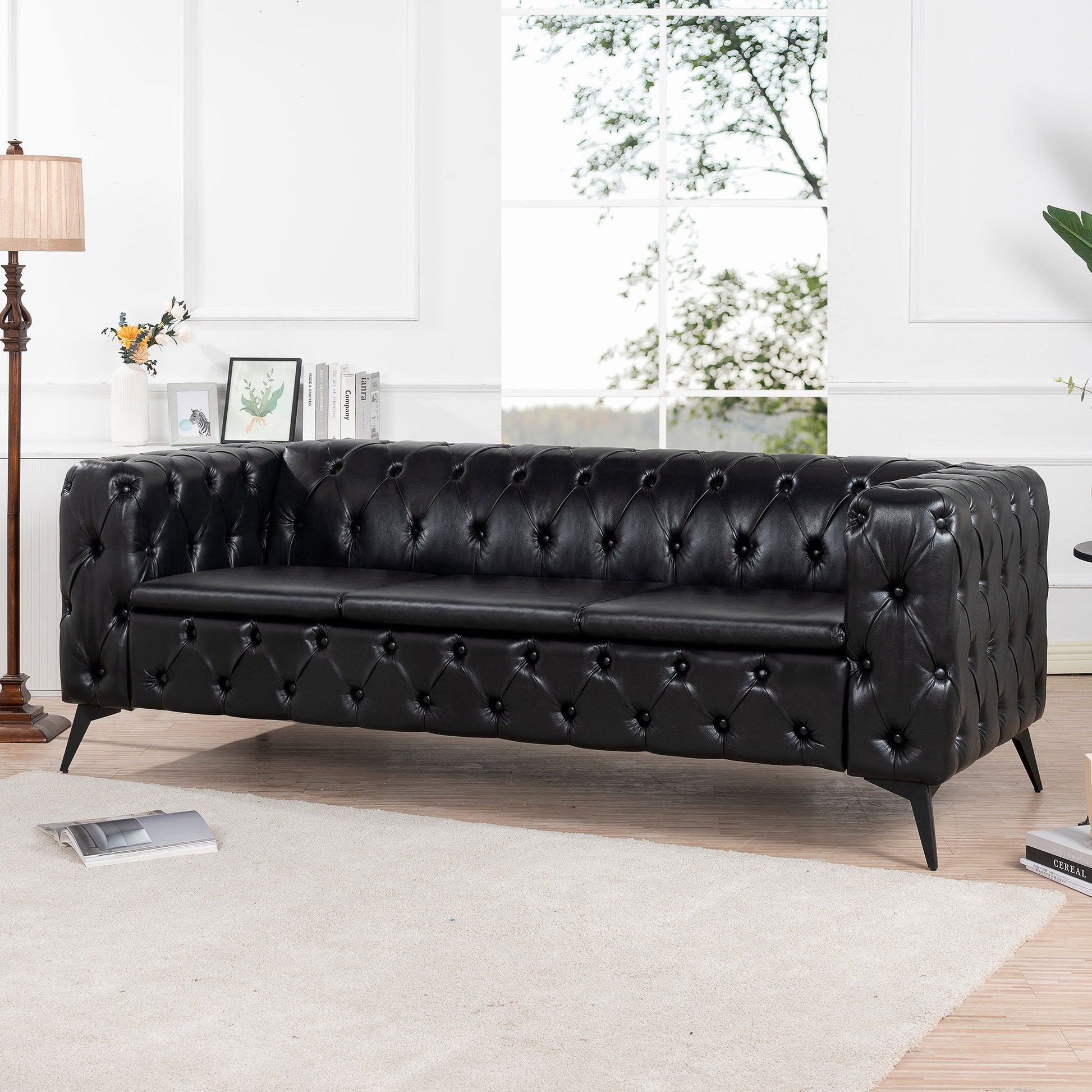 Traditional Square Arm Sofa with Removable Cushions in Black PU, 84.06 Inch Width - 1st Choice Furniture Direct