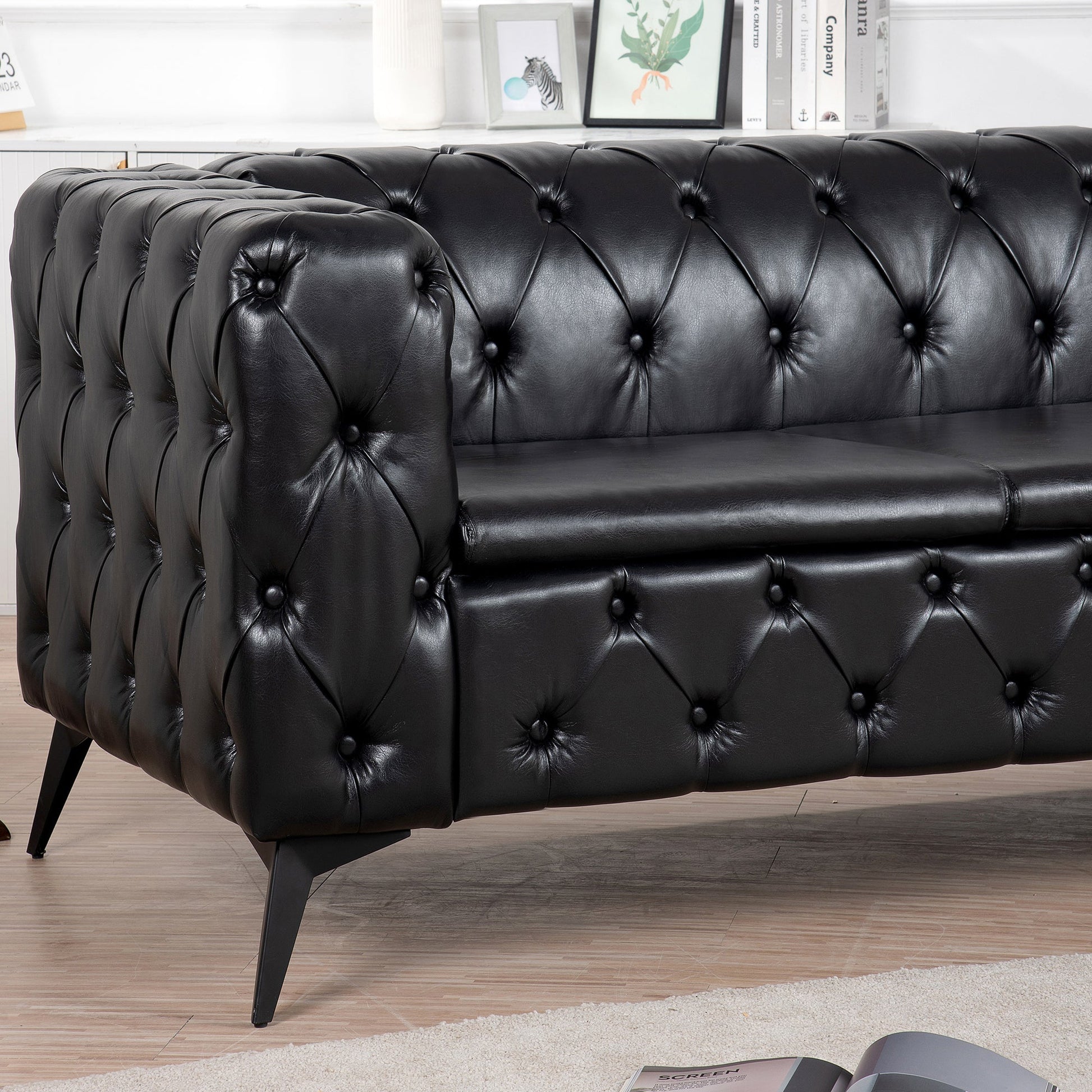 Traditional Square Arm Sofa with Removable Cushions in Black PU, 84.06 Inch Width - 1st Choice Furniture Direct