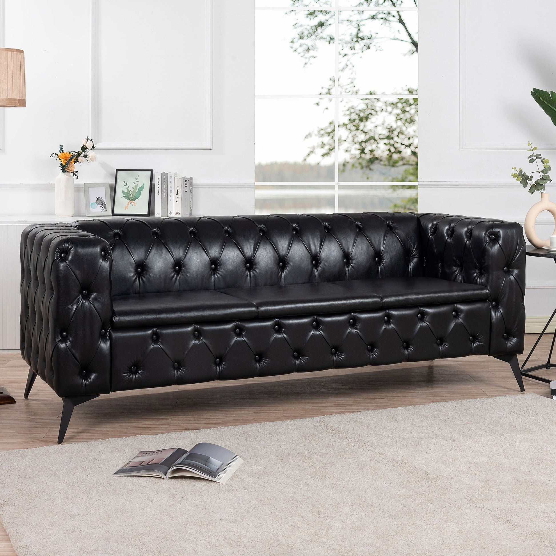 Traditional Square Arm Sofa with Removable Cushions in Black PU, 84.06 Inch Width - 1st Choice Furniture Direct
