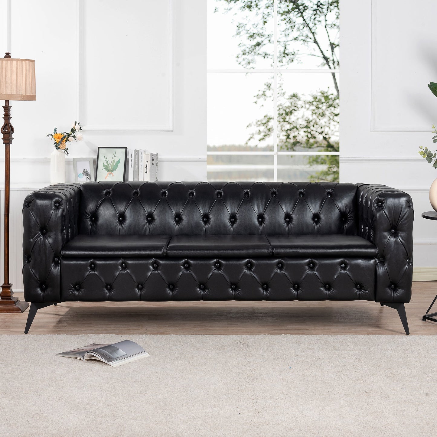 Traditional Square Arm Sofa with Removable Cushions in Black PU, 84.06 Inch Width - 1st Choice Furniture Direct