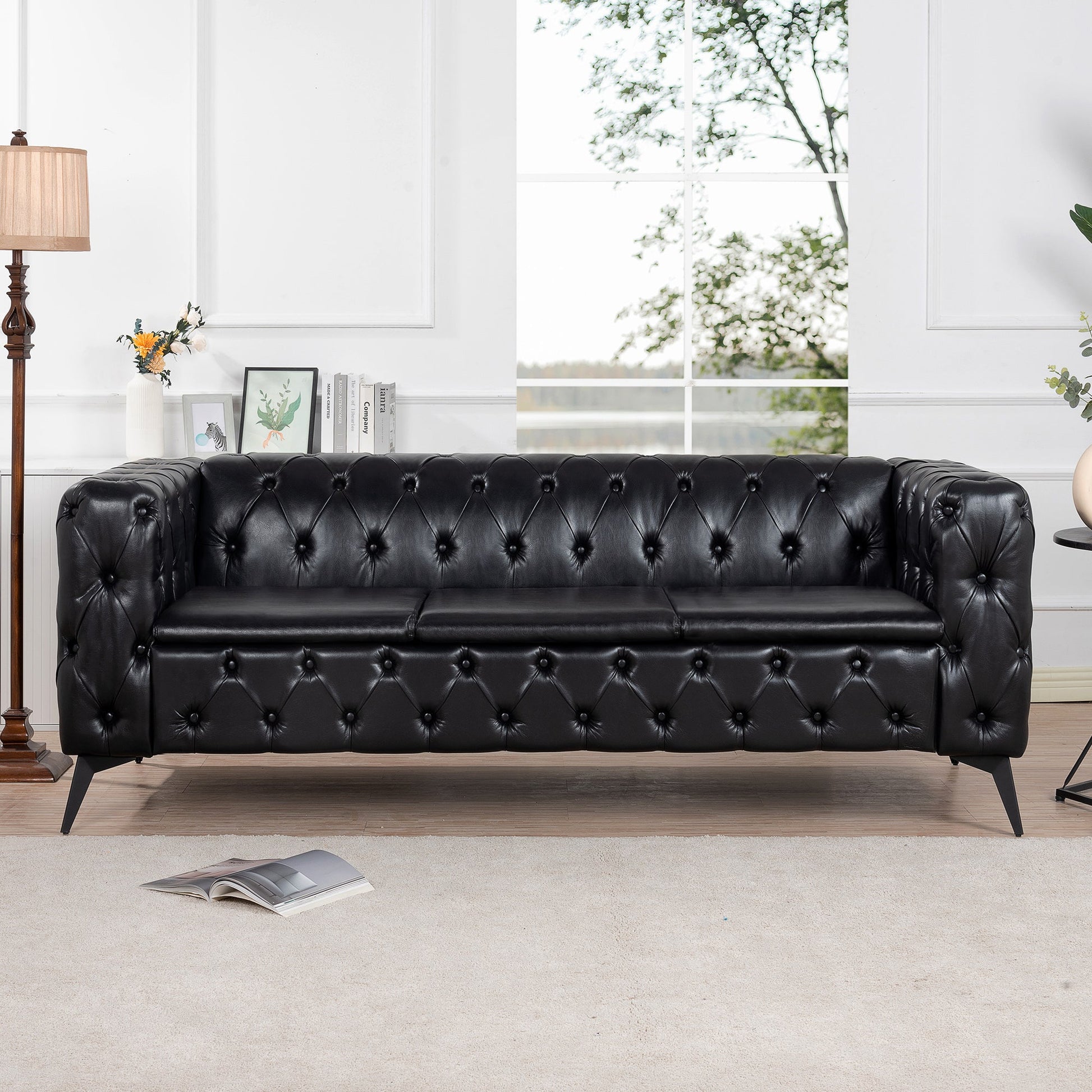 Traditional Square Arm Sofa with Removable Cushions in Black PU, 84.06 Inch Width - 1st Choice Furniture Direct