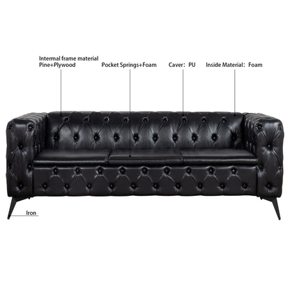Traditional Square Arm Sofa with Removable Cushions in Black PU, 84.06 Inch Width - 1st Choice Furniture Direct
