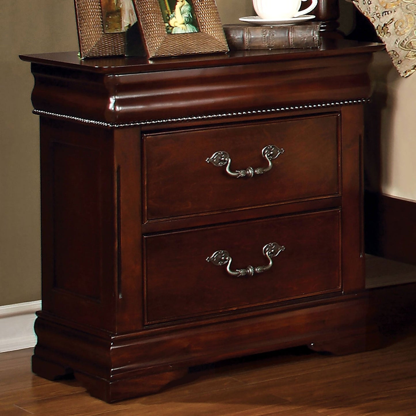 Traditional Style Cherry 1pc Nightstand Only Solid wood 2 - Drawers Hidden Top Drawer Intricate Accents Bedside Table Bedroom - 1st Choice Furniture Direct