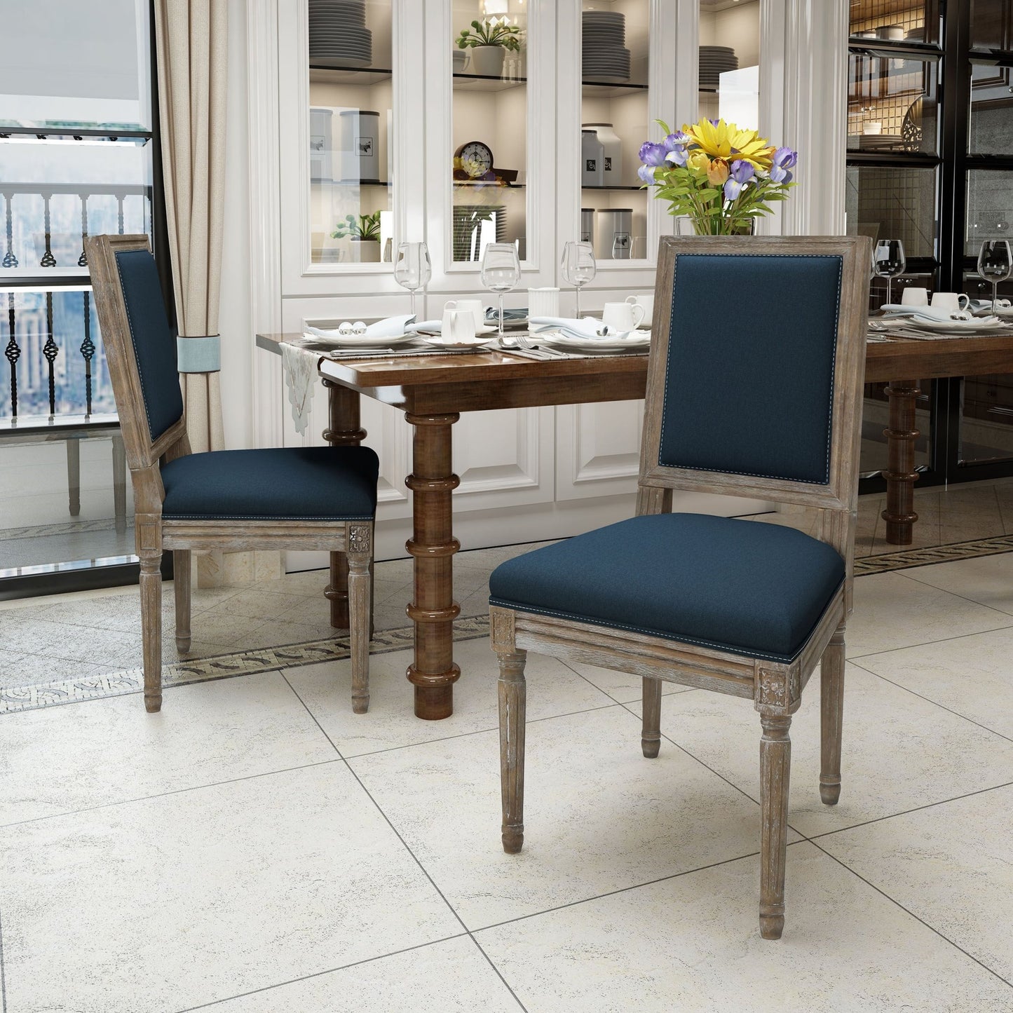 Traditional Style Dining Chair Set of 2 with Fabric Upholstery in Navy Blue - 1st Choice Furniture Direct
