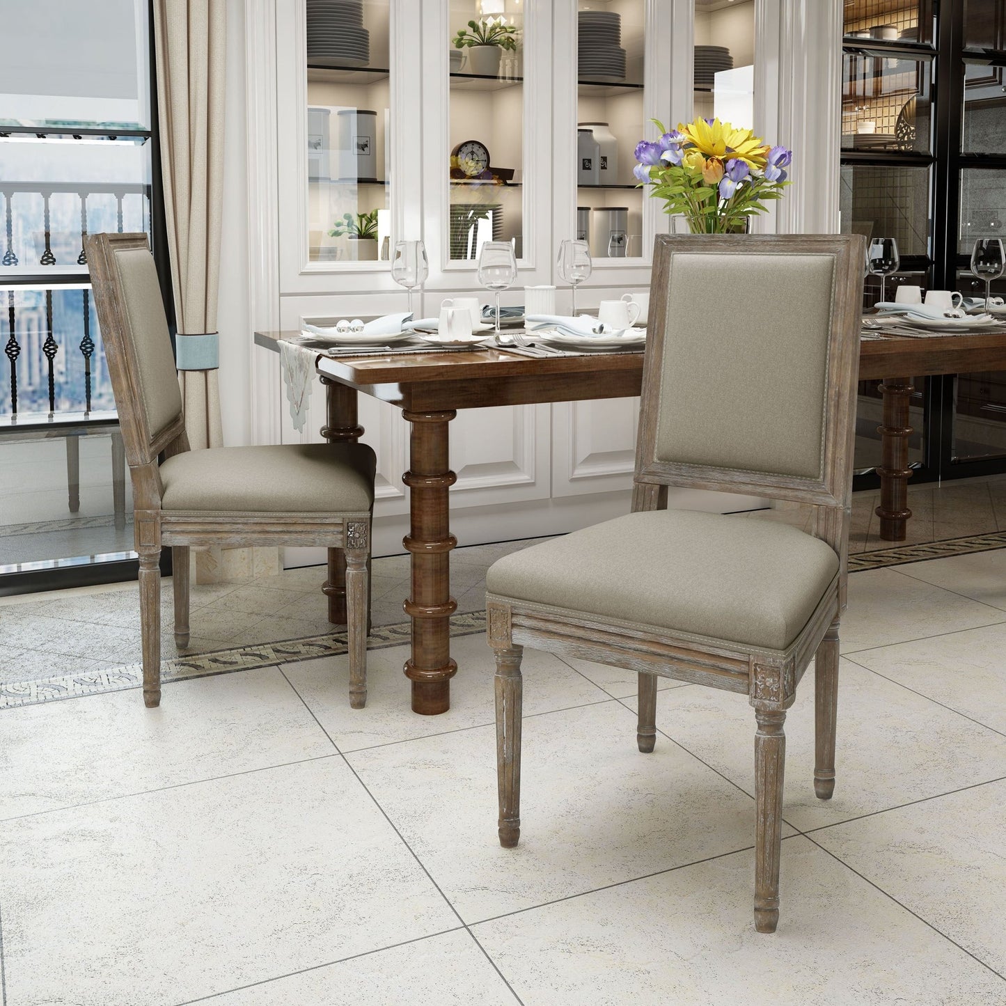 Traditional Style Dining Chair with Modern Color Accent in Wheat Fabric and Rubberwood - 1st Choice Furniture Direct