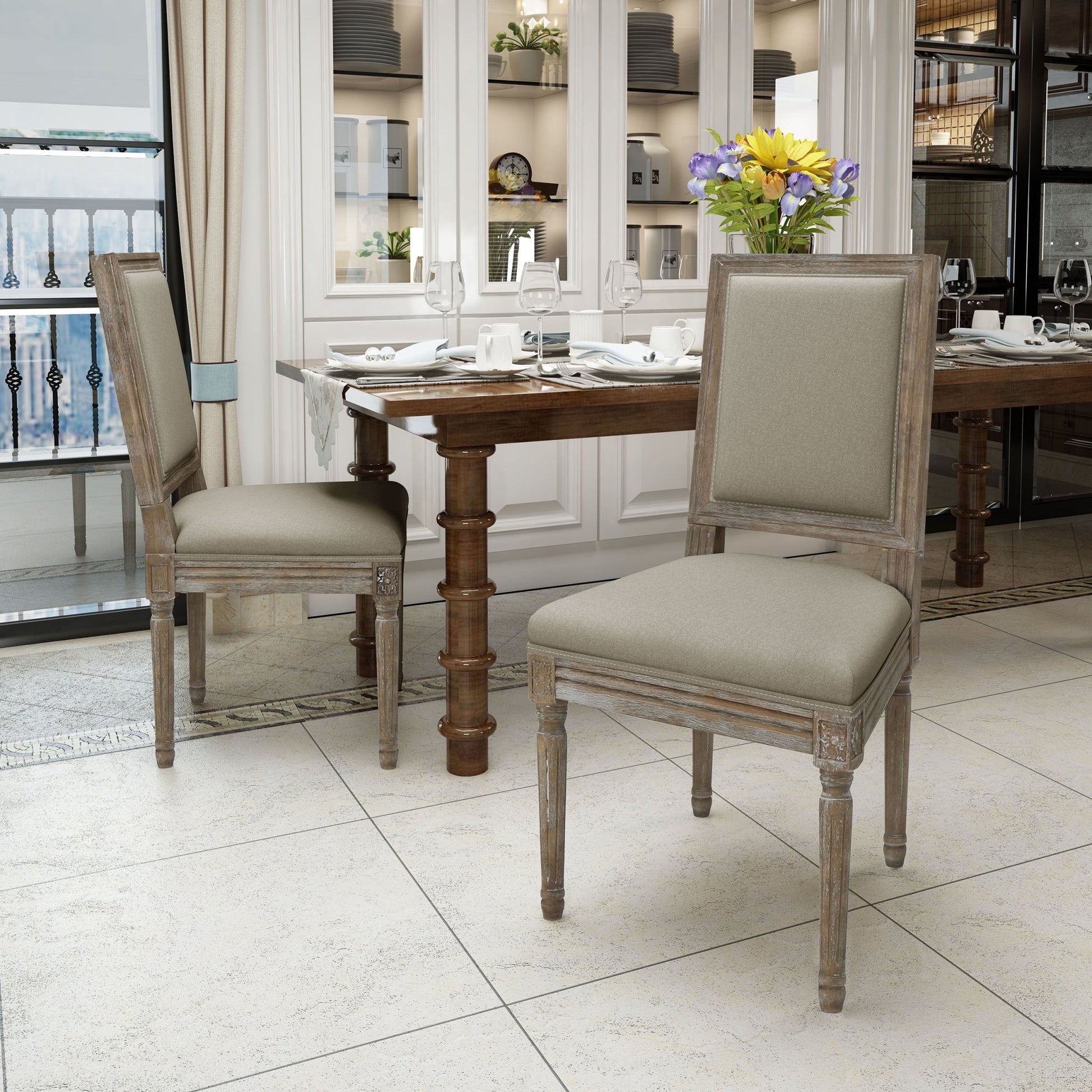 Traditional Style Dining Chair with Modern Color Accent in Wheat Fabric and Rubberwood - 1st Choice Furniture Direct