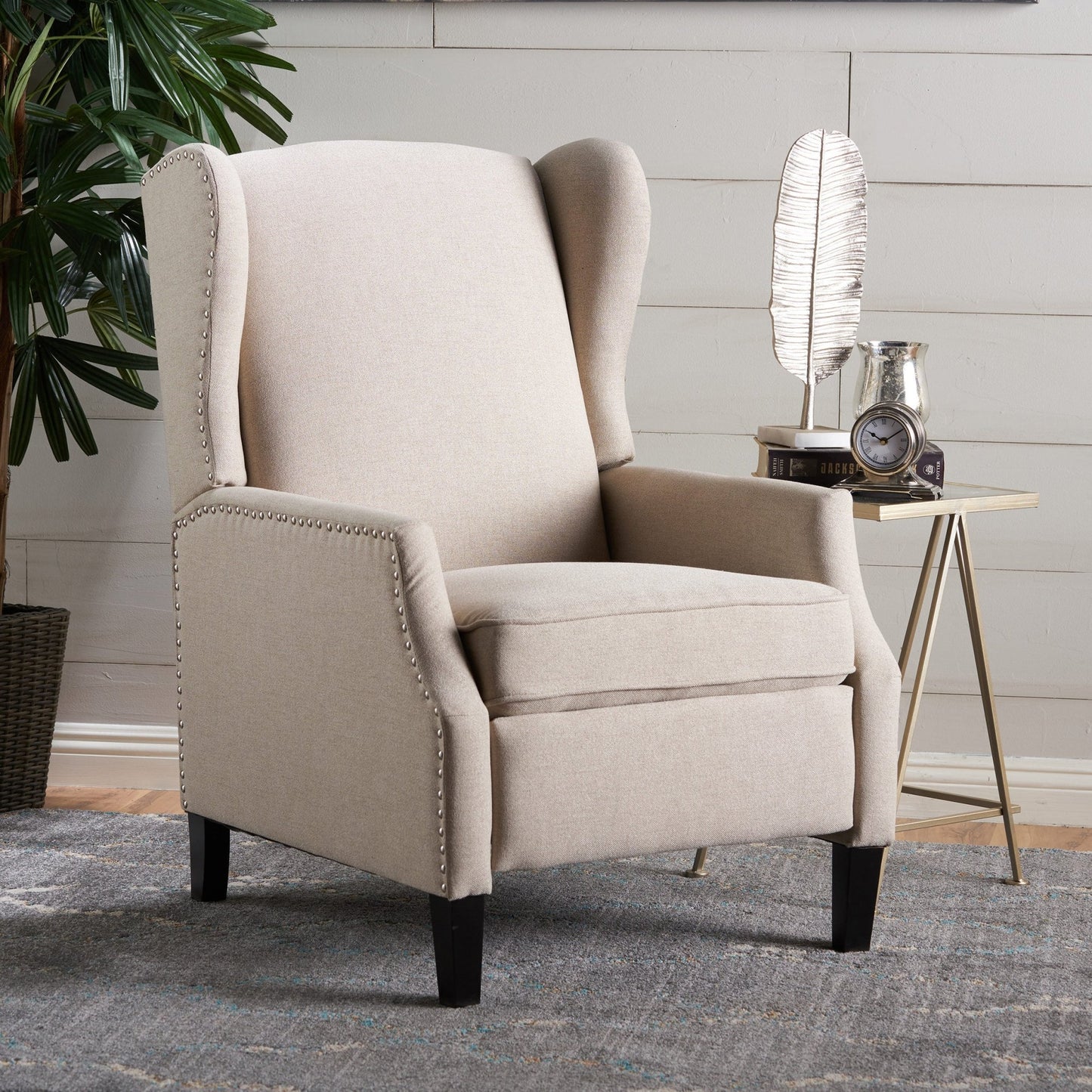Traditional Wingback Recliner Chair in Wheat Fabric | Studded Accent Chair - 1st Choice Furniture Direct