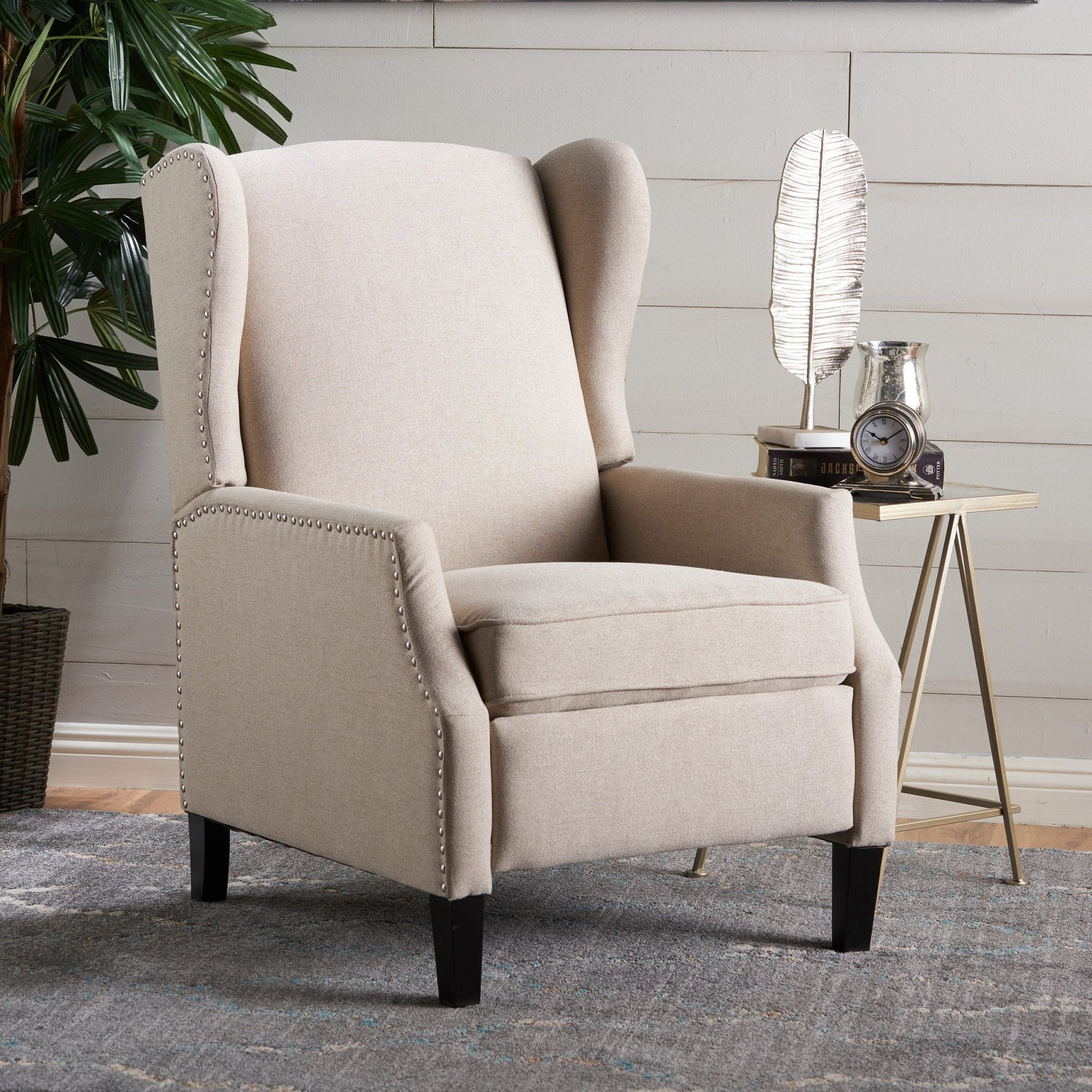 Traditional Wingback Recliner Chair in Wheat Fabric | Studded Accent Chair - 1st Choice Furniture Direct