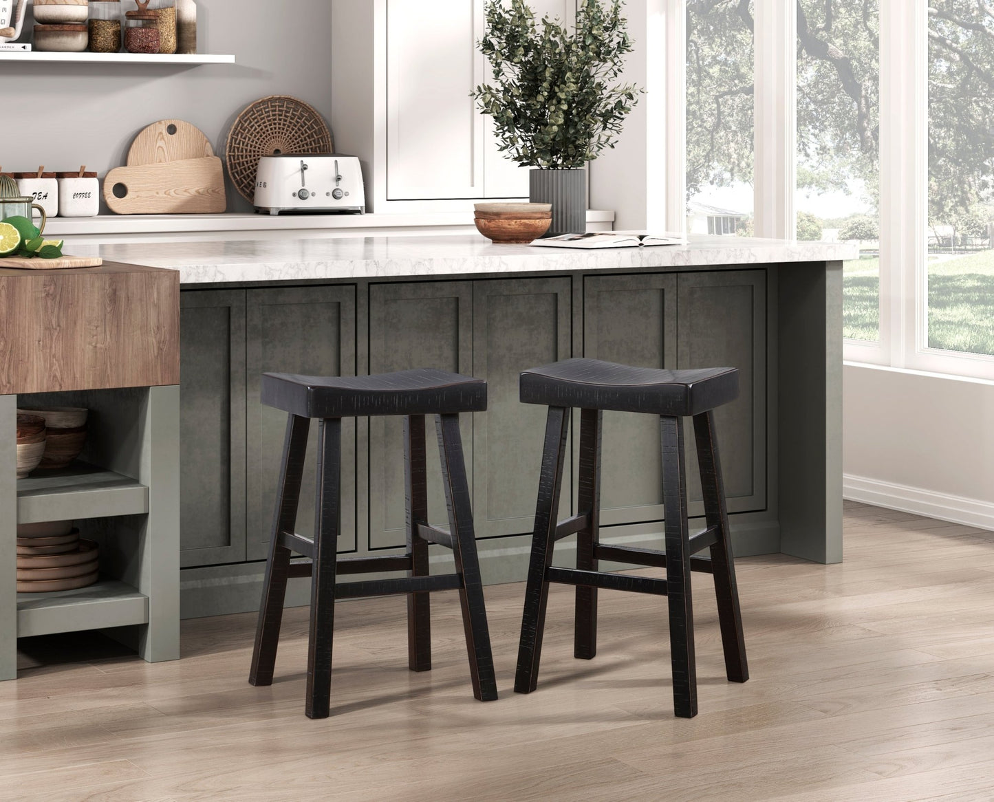 Transitional 4-Piece Pub Height Set, Table and Bar Stools Black Finish Solid Rubberwood Furniture - 1st Choice Furniture Direct