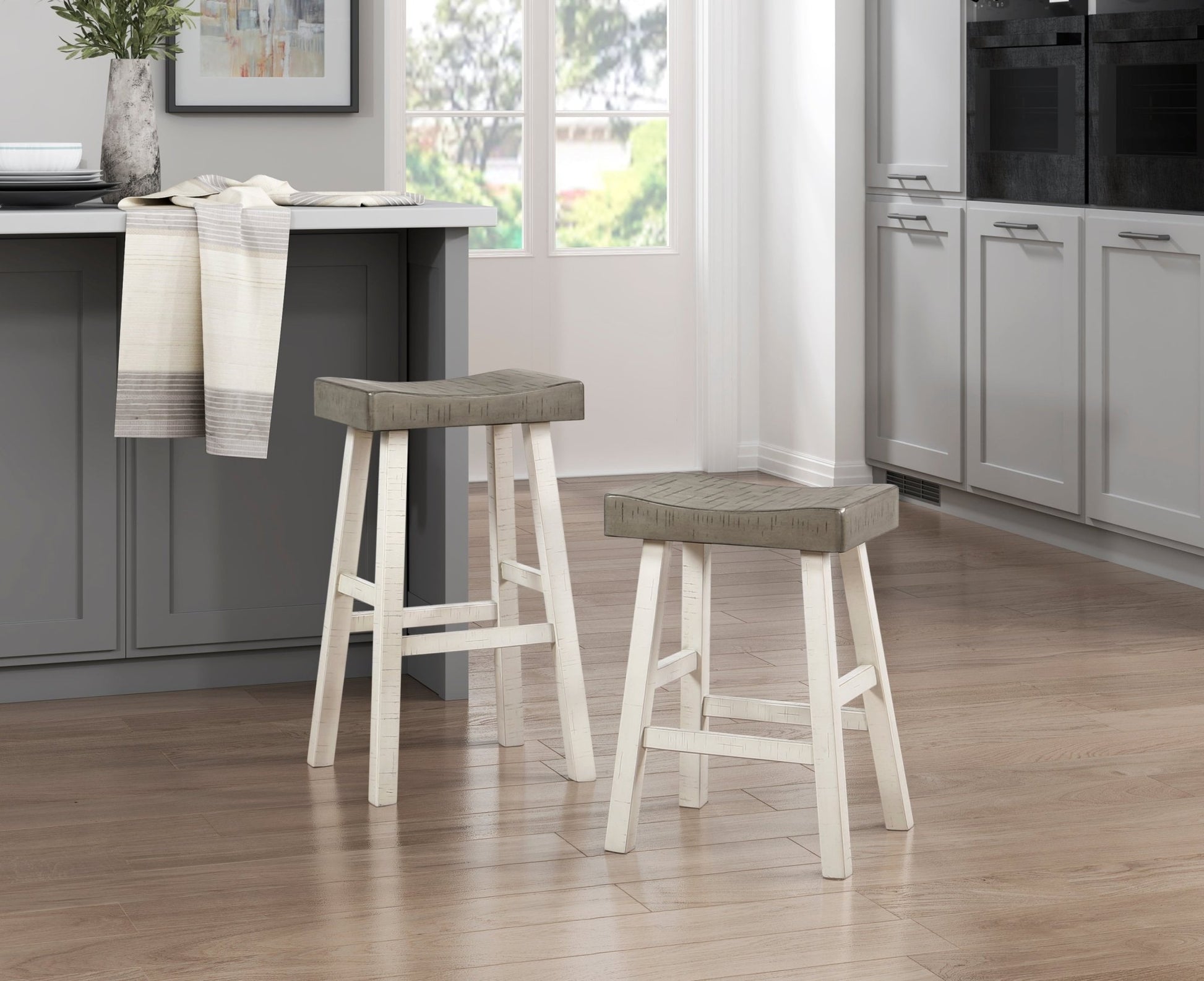 Transitional Design Bar Stools Set of 2pcs, White and Coffee Finish Solid Rubberwood Furniture - 1st Choice Furniture Direct