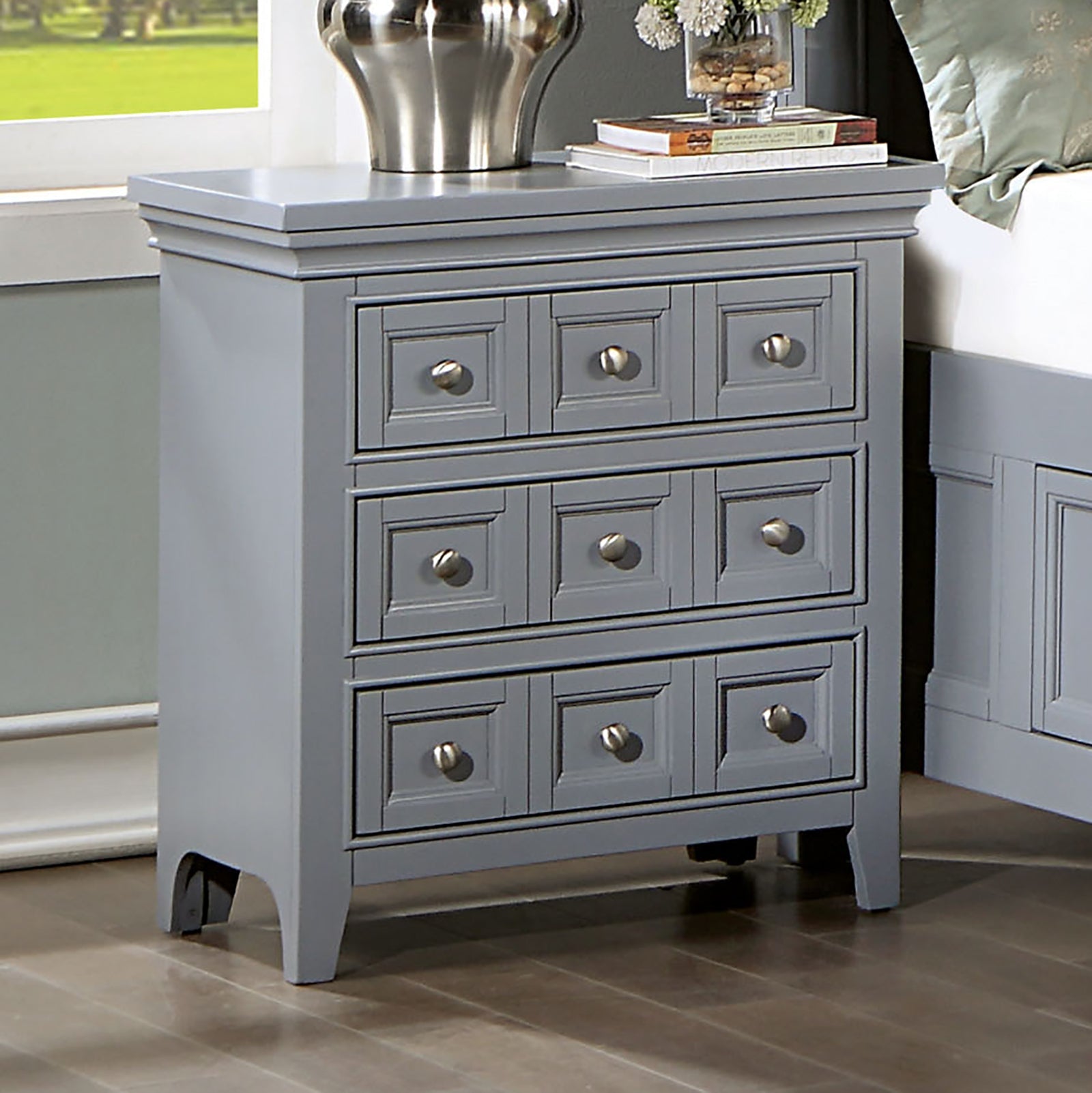 Transitional Style Gray Color Solid wood 1pc Nightstand Only Bedroom Furniture Bedside Table Round Knobs 3-Drawers Nightstand - 1st Choice Furniture Direct