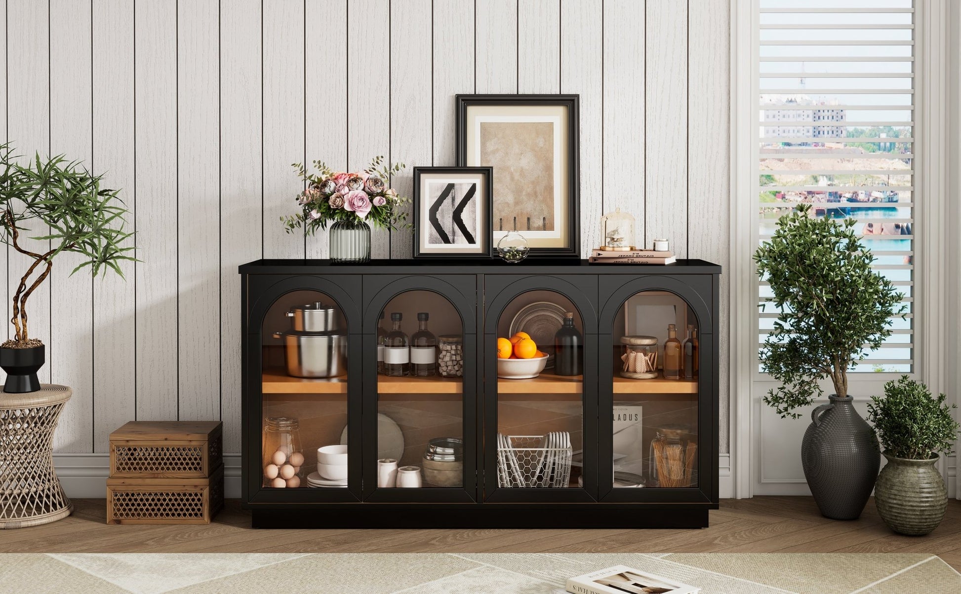 TREXM 4 - Door Large Storage Buffet Cabinet with Glass Doors, Arched Cabinet with Adjustable Shelves for Kitchen, Dining Room and Living Room (Black) - 1st Choice Furniture Direct