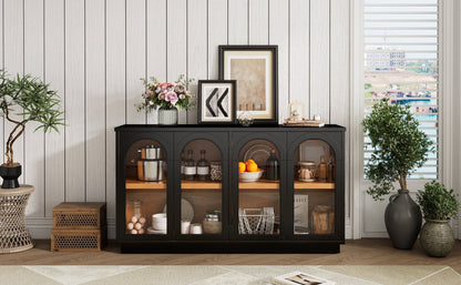TREXM 4 - Door Large Storage Buffet Cabinet with Glass Doors, Arched Cabinet with Adjustable Shelves for Kitchen, Dining Room and Living Room (Black) - 1st Choice Furniture Direct
